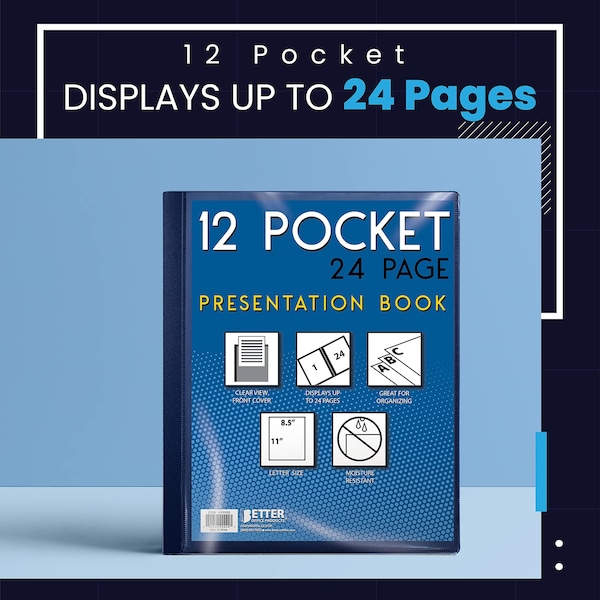 Presentation Book, 12-Pocket, Blue, W/Clear View Front Cover, 8.5in. X 11in. Sheets